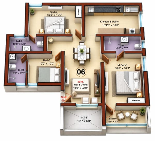 3 BHK Apartment floor plan — Sree Dakshas Diora