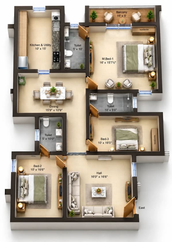 3 BHK Apartment floor plan — Sree Dakshas Nefeli