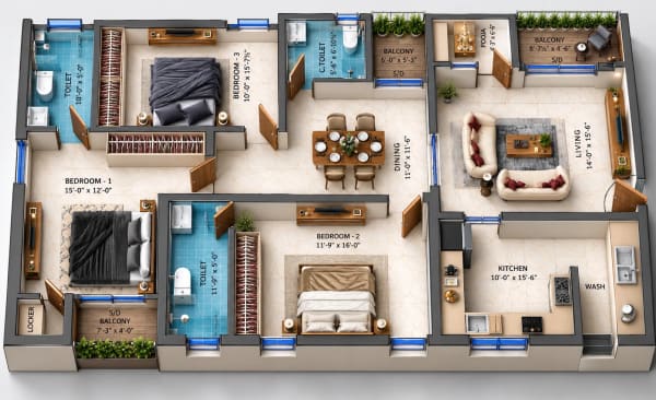 3 BHK Apartment floor plan — Dhiyas kripa