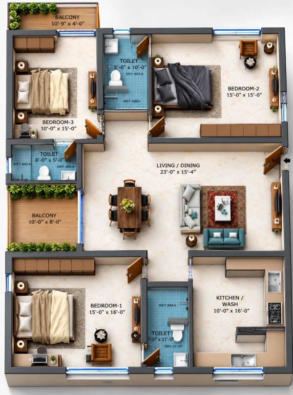 3 BHK Apartment floor plan — Dhiyas Ushas