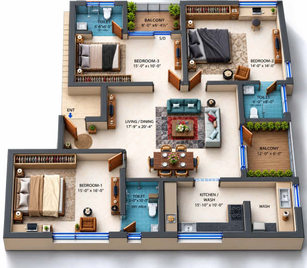 3 BHK Apartment floor plan — Dhiyas Ushas