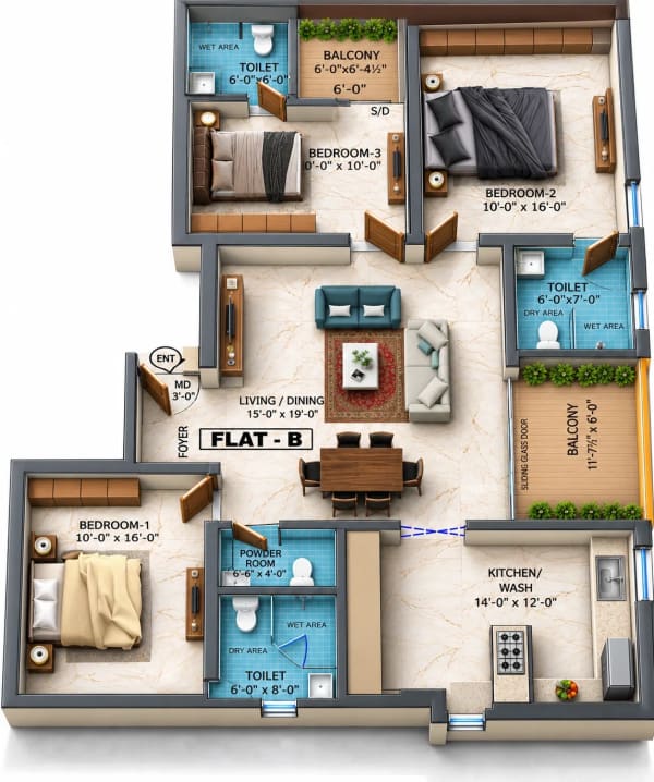 3 BHK Apartment floor plan — Dhiyas Aurum