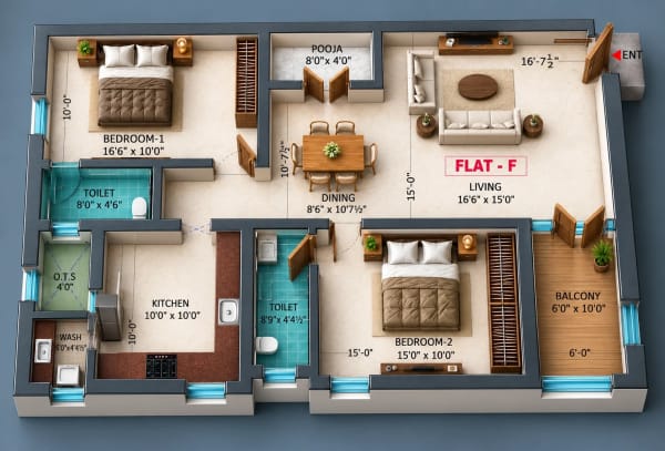 2 BHK Apartment floor plan — Dhiyas Sai Bharath