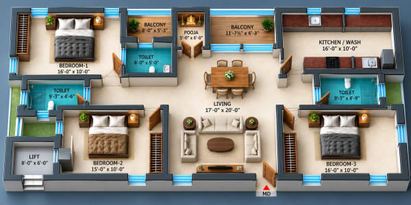 3 BHK Apartment floor plan — Dhiyas Sai Bharath