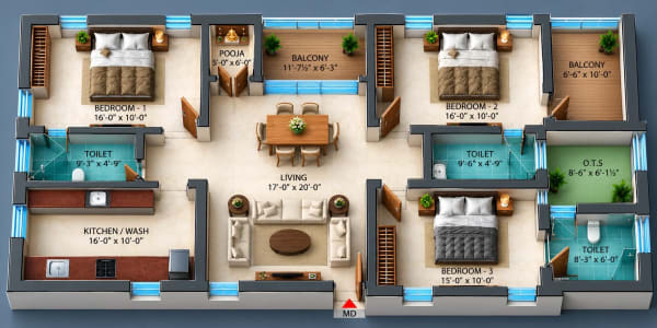 3 BHK Apartment floor plan — Dhiyas Sai Bharath
