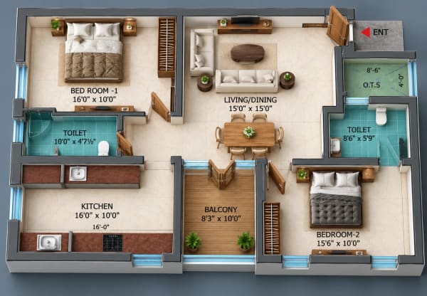 2 BHK Apartment floor plan — Dhiyas Sai Bharath