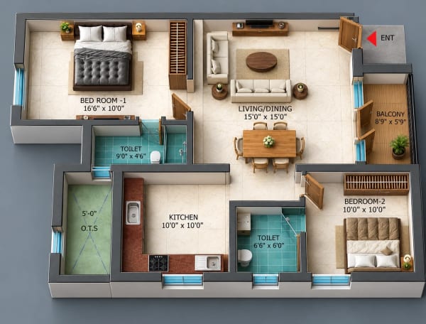 2 BHK Apartment floor plan — Dhiyas Sai Bharath