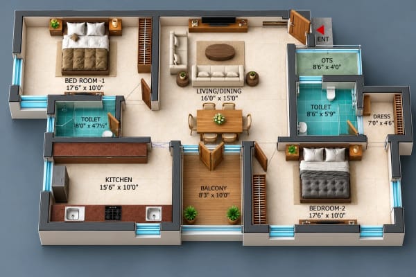 2 BHK Apartment floor plan — Dhiyas Sai Bharath