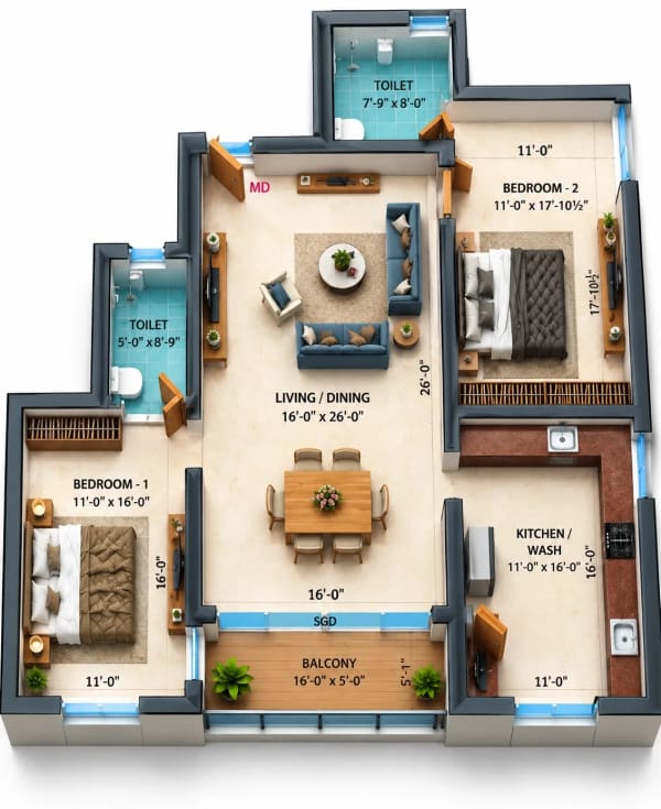 2 BHK Apartment floor plan — Dhiyas Sai Rishabham