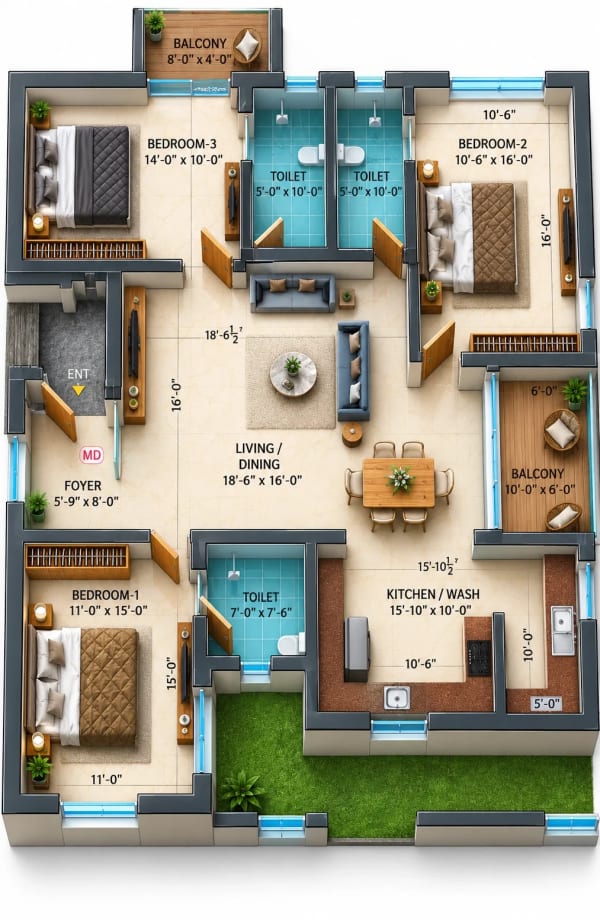 3 BHK Apartment floor plan — Dhiyas Sai Rishabham