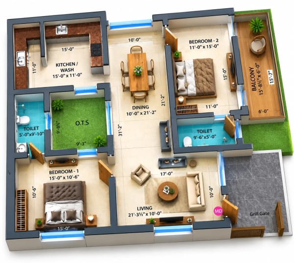 2 BHK Apartment floor plan — Dhiyas Sai Rishabham