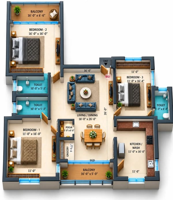 3 BHK Apartment floor plan — Dhiyas Sai Rishabham