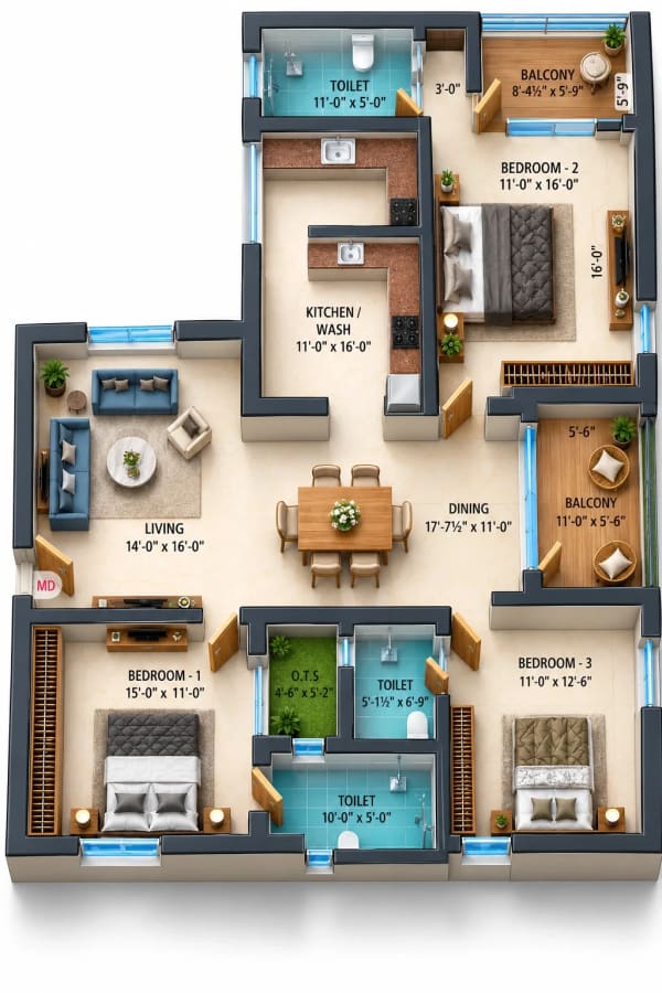 3 BHK Apartment floor plan — Dhiyas Sai Rishabham