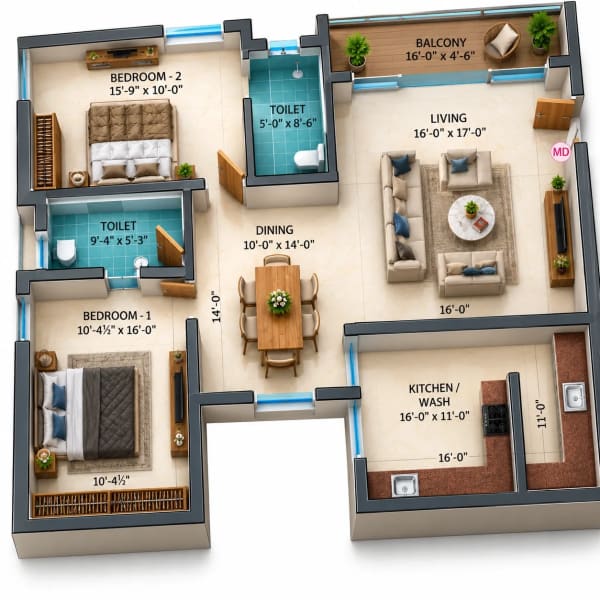 2 BHK Apartment floor plan — Dhiyas Sai Rishabham
