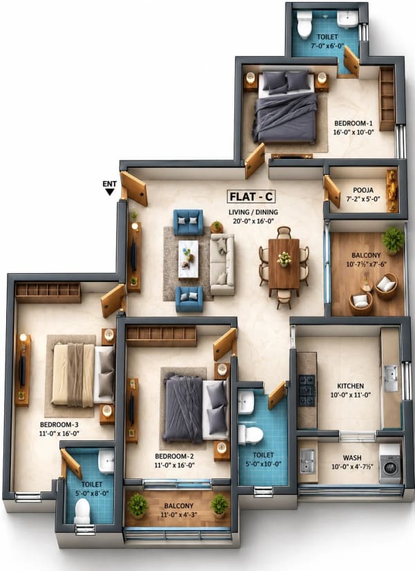 3 BHK Apartment floor plan — Dhiyas Skanda Samriddi