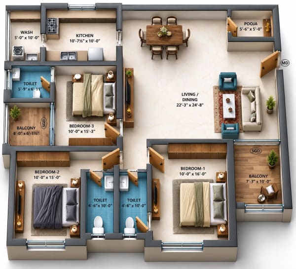 3 BHK Apartment floor plan — Dhiyas Skanda Samriddi