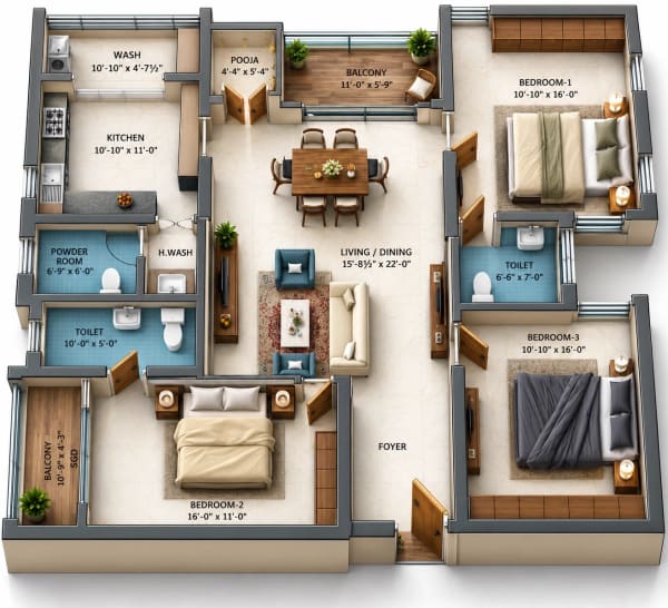 3 BHK Apartment floor plan — Dhiyas Skanda Samriddi