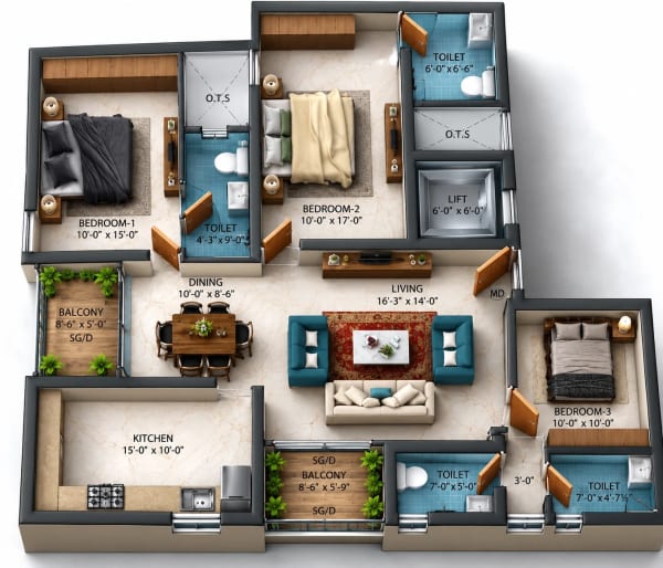 3 BHK Apartment floor plan — Dhiyas Sai Shree Lakshmi