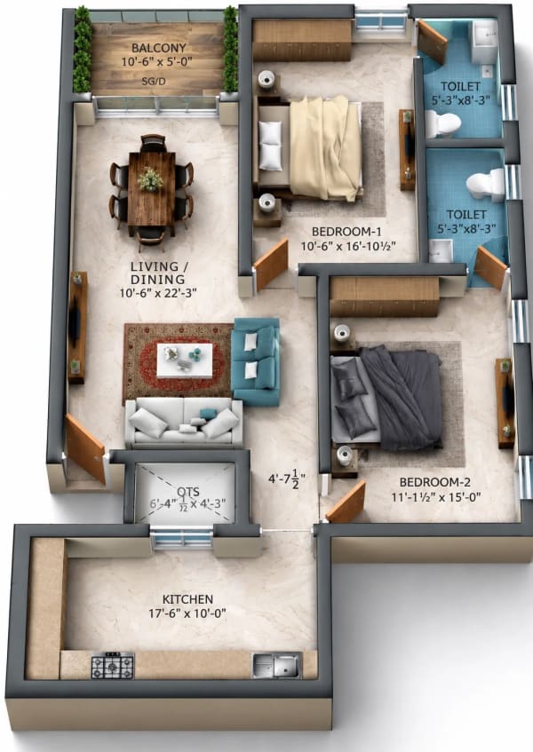 2 BHK Apartment floor plan — Dhiyas Sai Shree Lakshmi