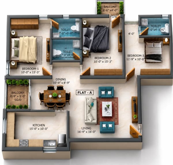 3 BHK Apartment floor plan — Dhiyas Sai Shree Lakshmi