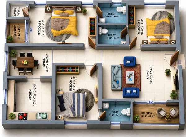 3 BHK Apartment floor plan — Dhiyas Rajashree