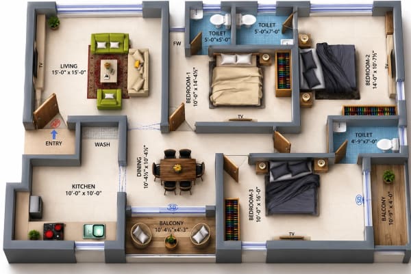3 BHK Apartment floor plan — Dhiyas Rajashree