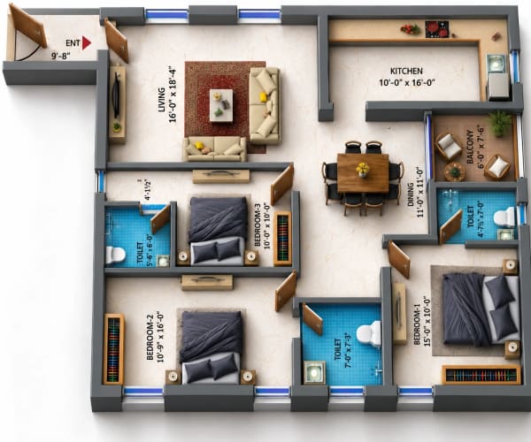 3 BHK Apartment floor plan — Dhiyas Sai Ananandam