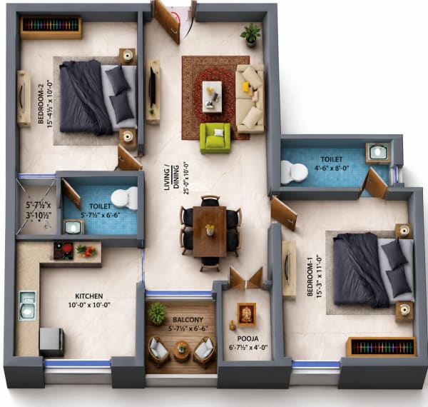 2 BHK Apartment floor plan — Dhiyas Sai Ananandam