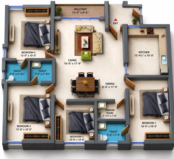4 BHK Apartment floor plan — Dhiyas Sai Ananandam
