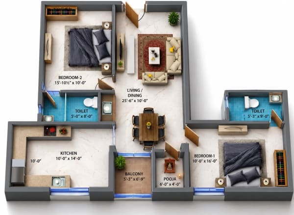 2 BHK Apartment floor plan — Dhiyas Sai Ananandam