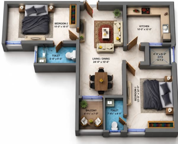 2 BHK Apartment floor plan — Dhiyas Sai Ananandam