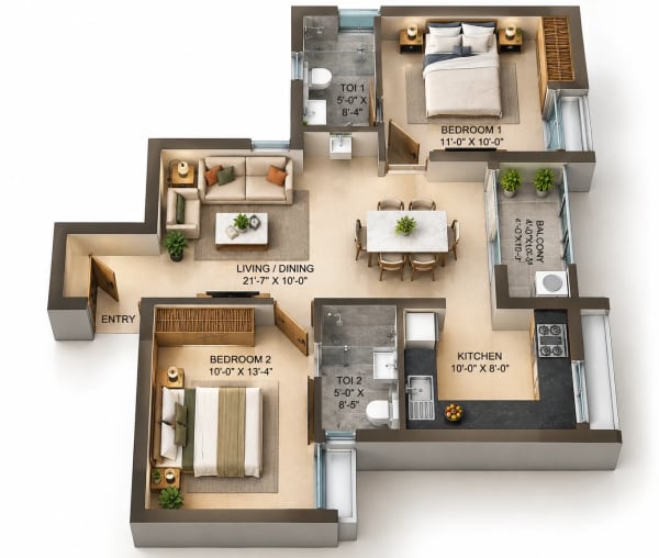 2 BHK Apartment floor plan — Infinium Sky9