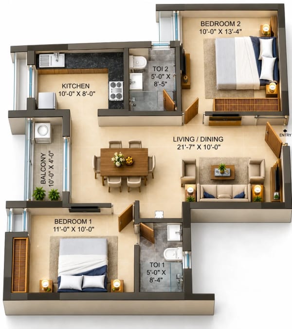 2 BHK Apartment floor plan — Infinium Sky9