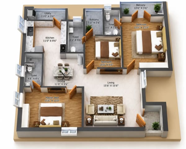3 BHK Apartment floor plan — Cinco Aaranya