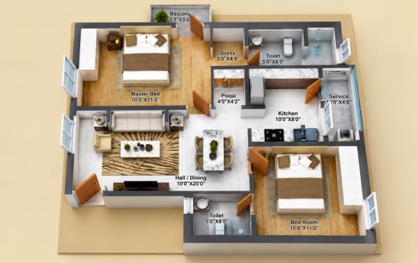 2 BHK Apartment floor plan — Cinco Aaranya