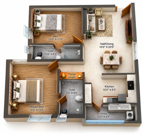 2 BHK Apartment floor plan — Cinco Aaranya