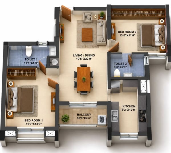 2 BHK Apartment floor plan — Infinium Crimson Crest