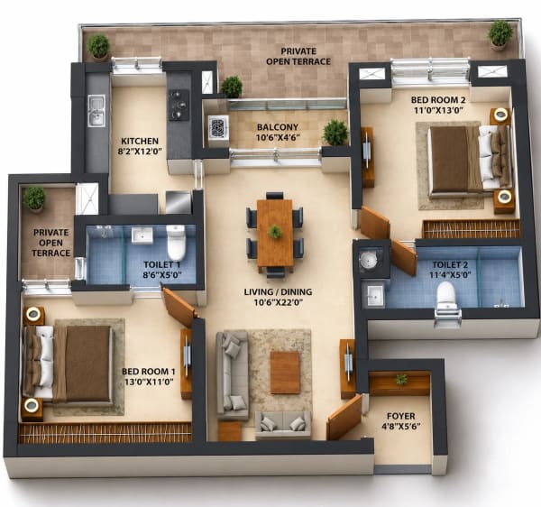 2 BHK Apartment floor plan — Infinium Crimson Crest