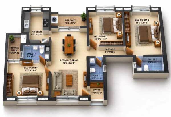 3 BHK Apartment floor plan — Infinium Crimson Crest