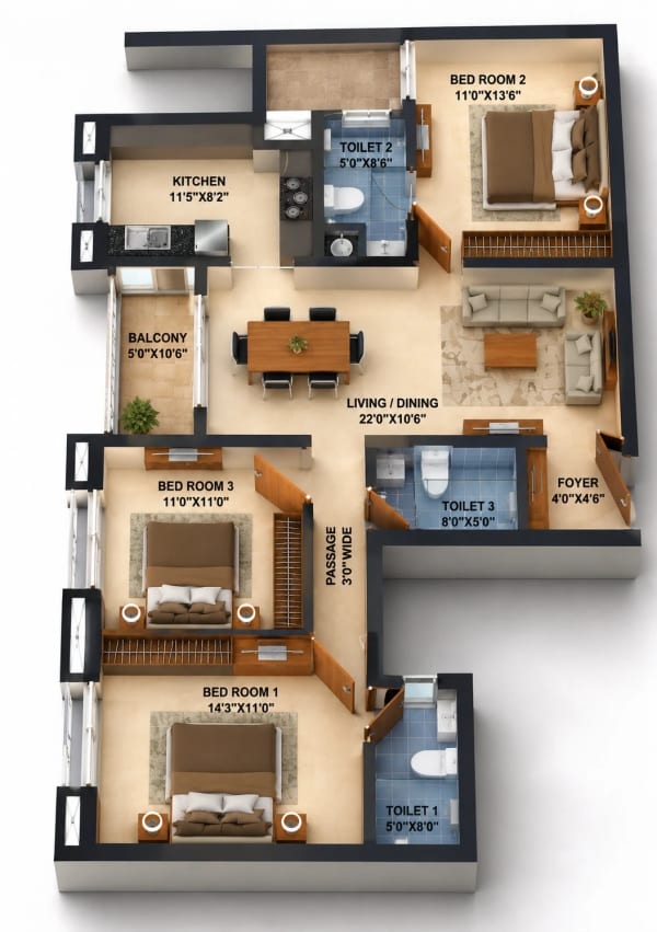 3 BHK Apartment floor plan — Infinium Crimson Crest