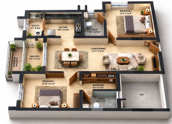 2 BHK Apartment floor plan — Infinium Lotus Meadows