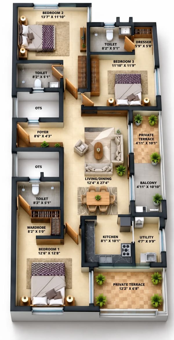 3 BHK Apartment floor plan — Infinium Lotus Meadows