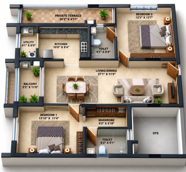 2 BHK Apartment floor plan — Infinium Lotus Meadows