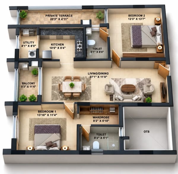 2 BHK Apartment floor plan — Infinium Lotus Meadows