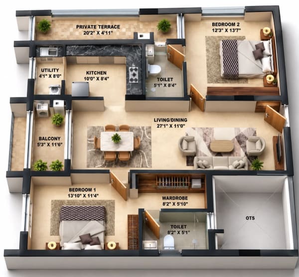 2 BHK Apartment floor plan — Infinium Lotus Meadows