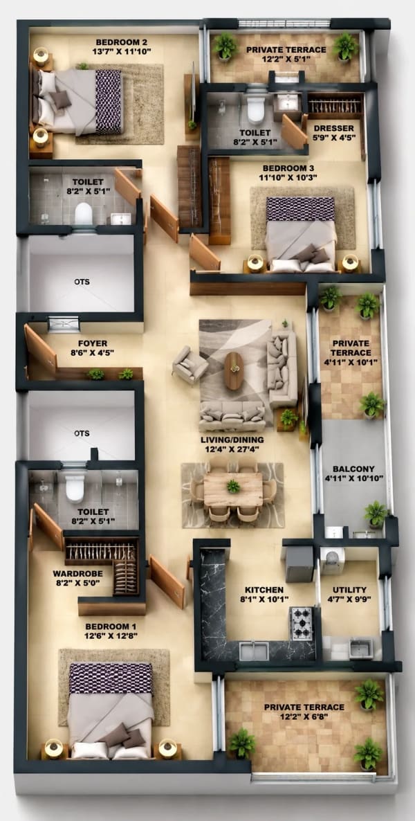 3 BHK Apartment floor plan — Infinium Lotus Meadows