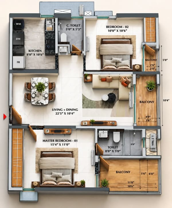 2 BHK Premium Apartment floor plan — TVS Emerald Avalon