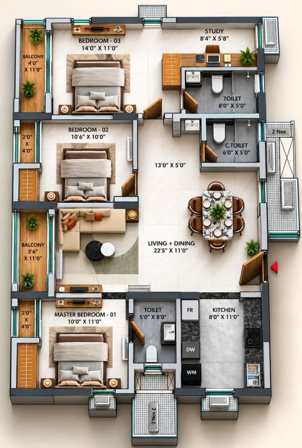 3 BHK Premium Apartment floor plan — TVS Emerald Avalon