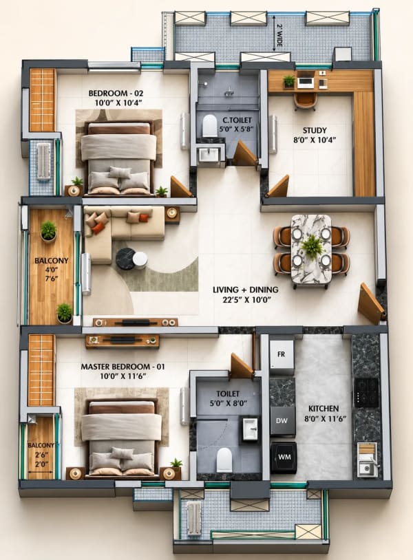 2 BHK Premium Apartment floor plan — TVS Emerald Avalon