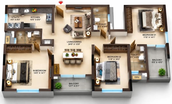 3 BHK Apartment floor plan — Infinium Altitude
